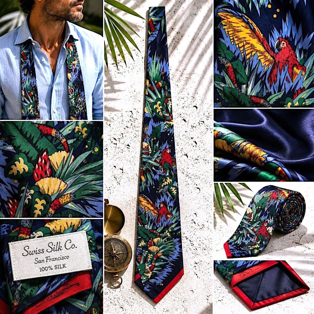 Vtg Swiss Silk Co Parrot Jungle Silk Tie Tropical Bird Novelty Coastal Artistic